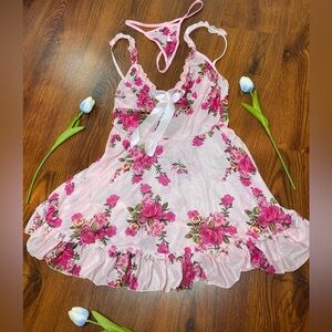 🎀🌷 Pink Floral Sheer Ruffle Night Dress Lingerie Set 🌷🎀 NWT